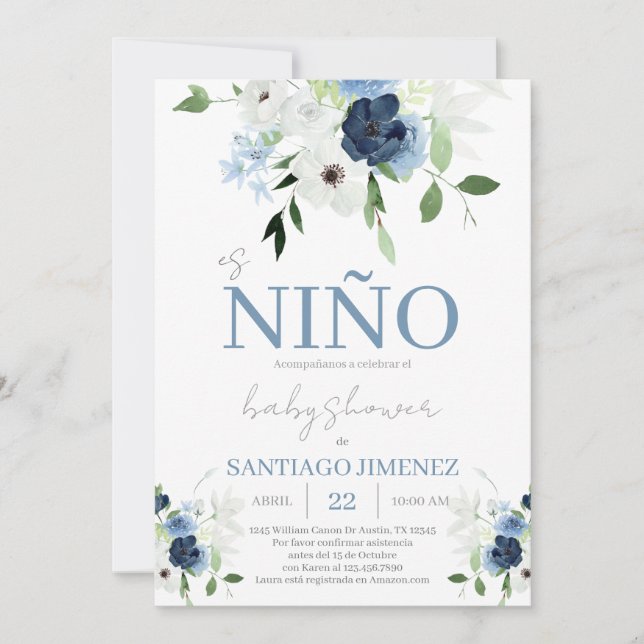 Invitation Blue Floral Baby shower espagnol garçon (Devant)