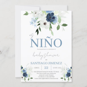 Invitation Blue Floral Baby shower espagnol garçon