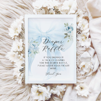 Invitation Blue Floral Bow Coquette Diaper Raffle Baby Shower