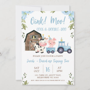 Invitation Blue Floral Boy Twins Grange Tracteur ferme Annive
