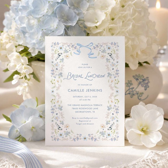 Invitation Blue Floral Bridal Luncheon with Bow (Blue Floral Bridal Luncheon Invitation)