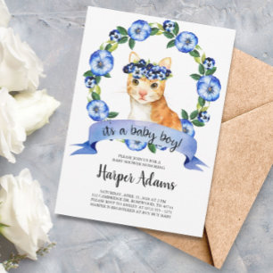 Invitation Blue Floral Chat bébé garçon Baby shower Invitatio
