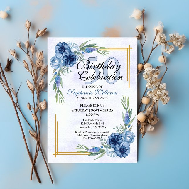 Invitation Blue Floral Classic Élégante 50e anniversaire femm (Créateur téléchargé)