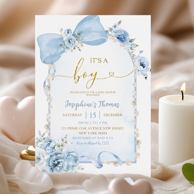 Invitation Blue Floral Coquette Bow C'est un Baby shower garç (Créateur téléchargé)