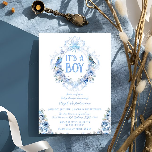 Invitation Blue Floral Crest C'est un Baby shower garçon (Créateur téléchargé)