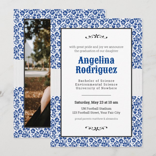 Invitation Blue Floral Damask Photo Graduation (Devant / Derrière)