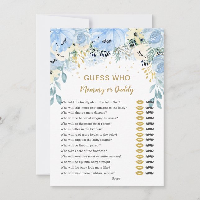 Invitation Blue Floral Devinez Qui Baby shower Jeux (Devant)
