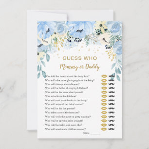 Invitation Blue Floral Devinez Qui Baby shower Jeux