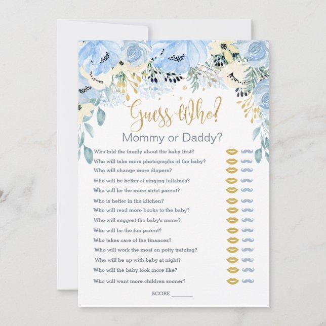 Invitation Blue Floral Devinez Qui Baby shower Jeux (Dos)