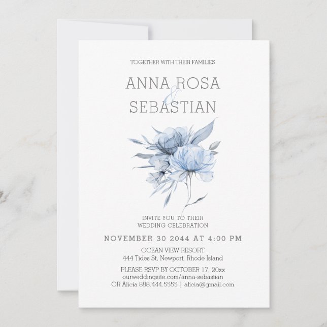 Invitation *~* Blue Floral Elegant AR15 MARIAGE Rose RSVP + (Devant)