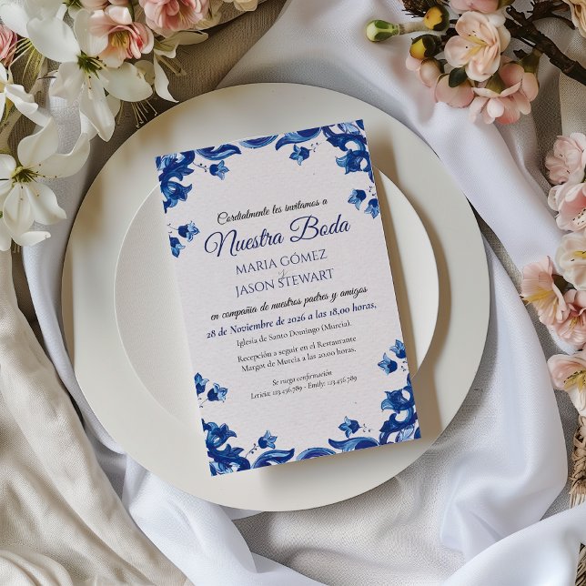 Invitation Blue Floral Elegant Fiesta Spanish Wedding (Blue Floral Elegant Fiesta Spanish Wedding Invitation)