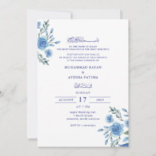 Invitation Blue Floral Elegant Nikkah Arabe Mariage islamique