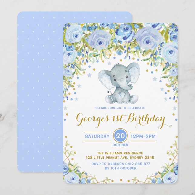 Invitation Blue Floral Elephant Boy 1er Anniversaire (Devant / Derrière)