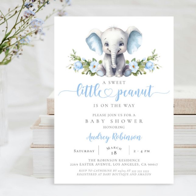 Invitation Blue Floral Elephant Petite cacahuète Baby Boy Dou (Créateur téléchargé)