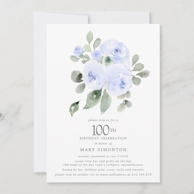 Invitation Blue Floral Eucalyptus 100e fête d'anniversaire (Devant)