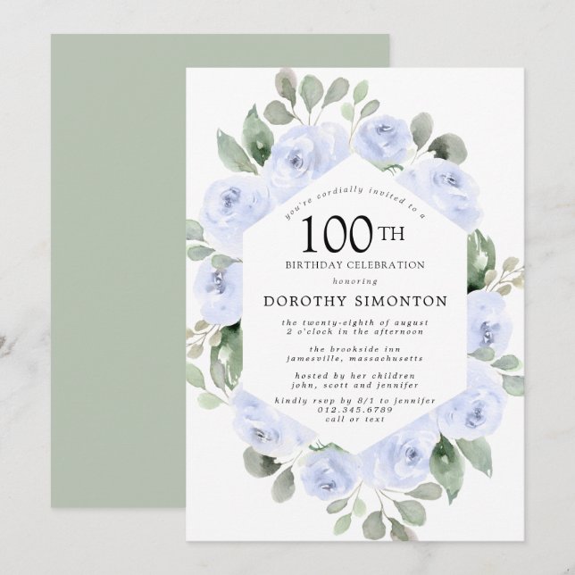 Invitation Blue Floral Eucalyptus 100e fête d'anniversaire (Devant / Derrière)