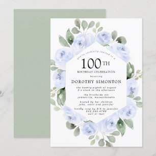 Invitation Blue Floral Eucalyptus 100e fête d'anniversaire