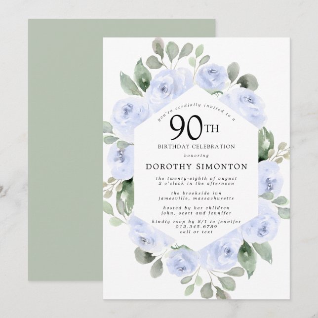 Invitation Blue Floral Eucalyptus 90ème anniversaire (Devant / Derrière)