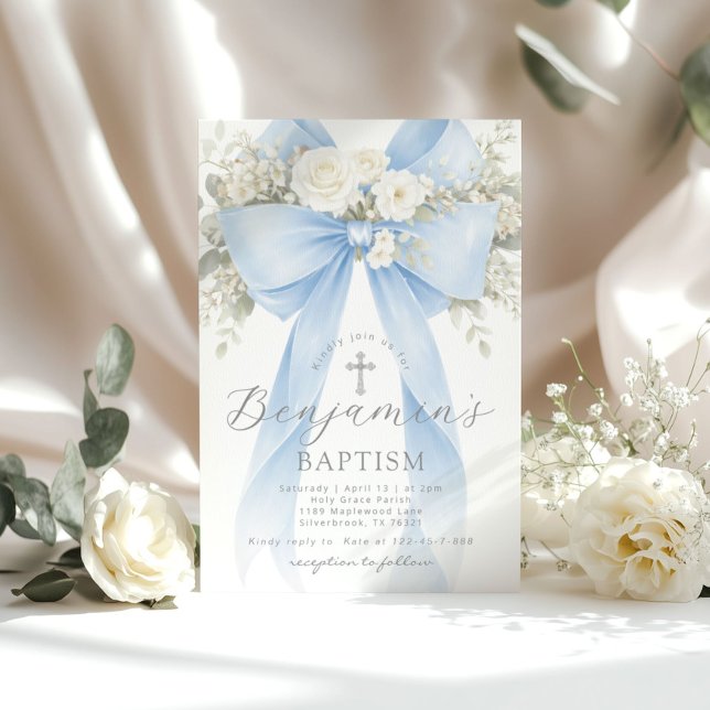 Invitation Blue Floral Eucalyptus Bow Boy Baptism (Créateur téléchargé)