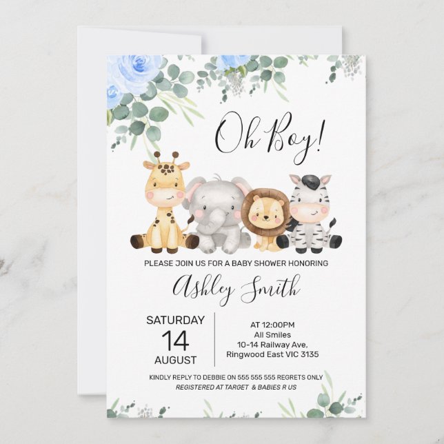Invitation Blue Floral Eucalyptus Four Safari Baby shower (Devant)