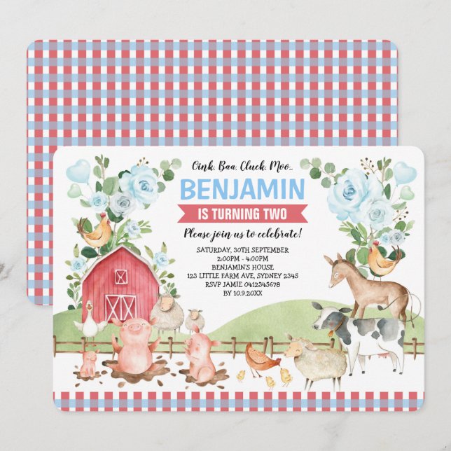 Invitation Blue Floral Farm Animals Barnyard Birthday Party (Devant / Derrière)