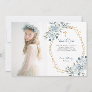Invitation Blue Floral First Communion Thank You Card 