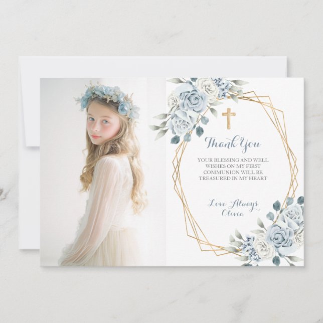 Invitation Blue Floral First Communion Thank You Card  (Devant)