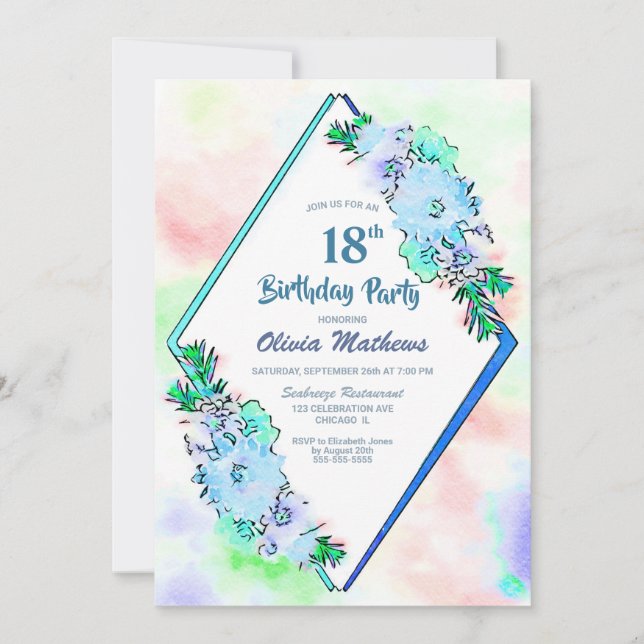 Invitation Blue Floral Géométrique 18ème anniversaire (Devant)
