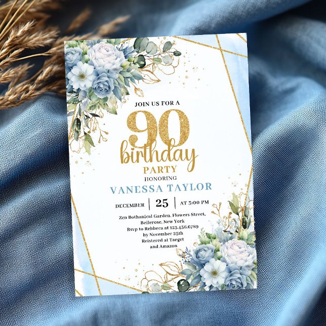 Invitation Blue Floral Gold Glitter 90th Birthday Celebration (Blue Floral Gold Glitter 90th Birthday Celebration Invitation

)