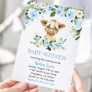 Invitation Blue Floral Highland Baby shower de vache Invitati