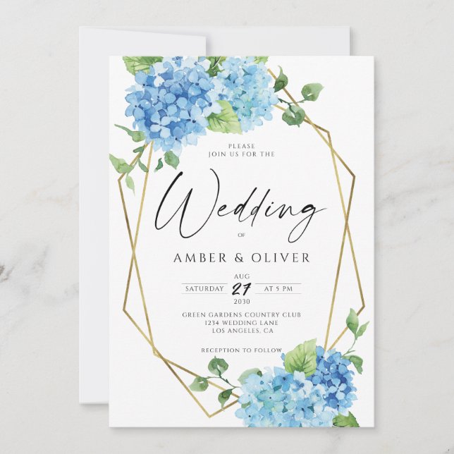 Invitation Blue Floral Hydrangeas Elégant or Mariage moderne (Devant)