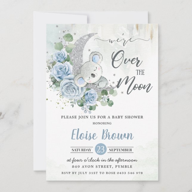 Invitation Blue Floral Koala Nous sommes au-dessus du Baby sh (Devant)