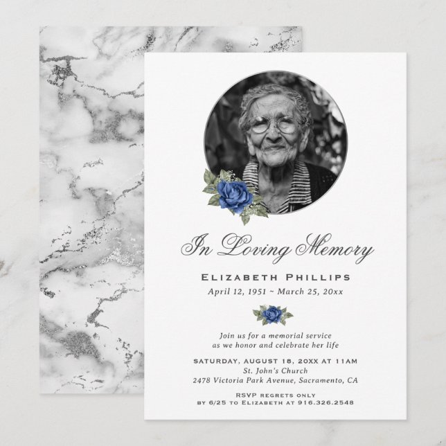 Invitation Blue Floral Marbre argenté Service commémoratif ph (Devant / Derrière)