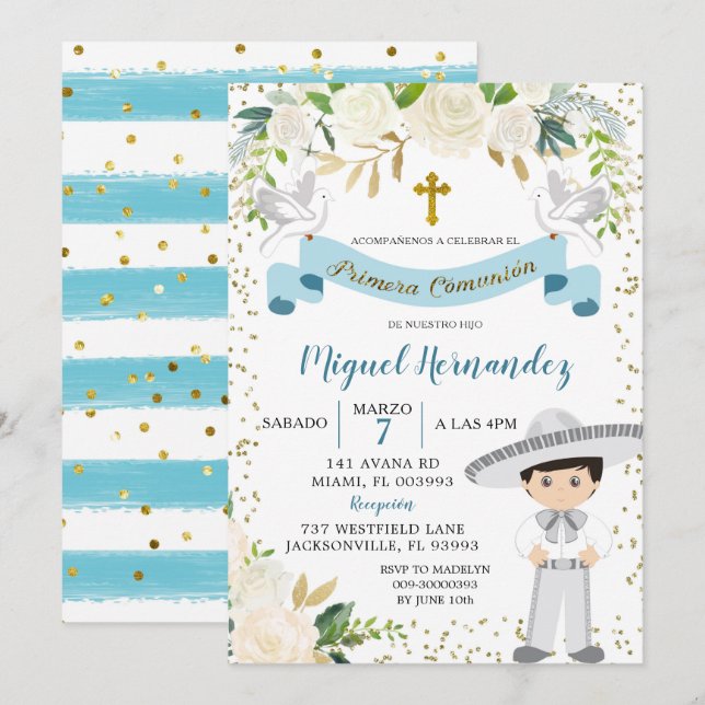 Invitation Blue Floral Mexicain Garçon Holy Communion Invitat (Devant / Derrière)