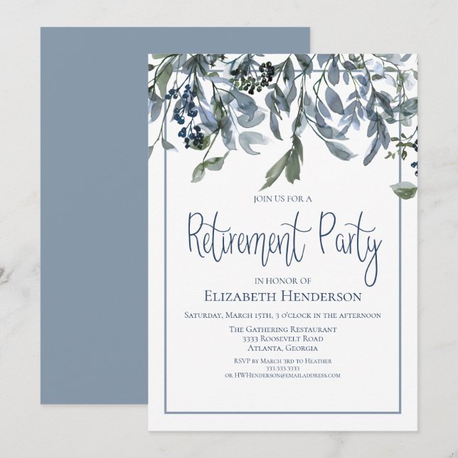 Invitation Blue Floral Retraite Party (Devant / Derrière)