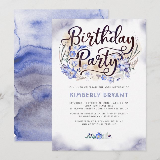 Invitation Blue Floral Script Aquarelle fête d'anniversaire (Devant / Derrière)