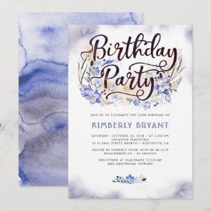 Invitation Blue Floral Script Aquarelle fête d'anniversaire