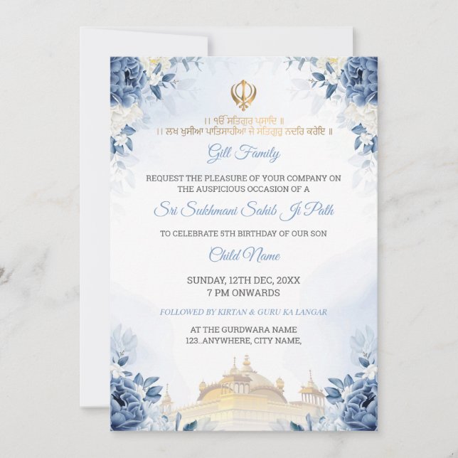 Invitation Blue Floral Sukhmani Sahib Path Birthday Invite (Devant)