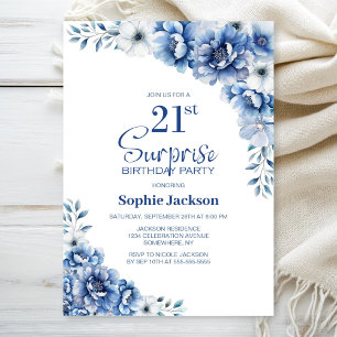 Invitation Blue Floral Surprise 21ème anniversaire