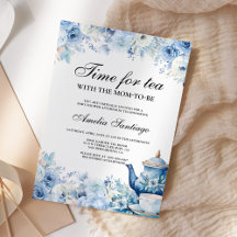 Blue Floral Tea With Mom To Be Baby Shower Invitat
