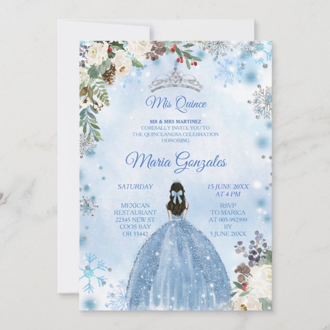 Invitation Blue Floral & Vacances d'hiver Mis Quince Annivers (Devant)