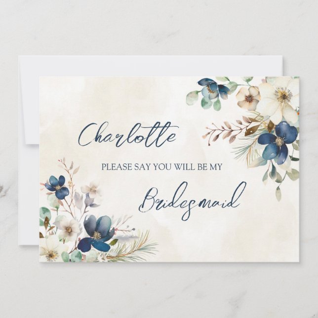 Invitation Blue Floral Wedding Bridesmaid Proposal Card (Devant)