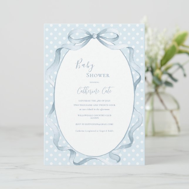 Invitation Blue Floral Whimsical Baby Shower  (Debout devant)