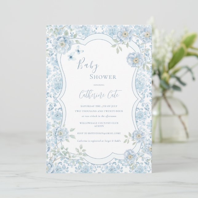 Invitation Blue Floral Whimsical Baby Shower  (Debout devant)