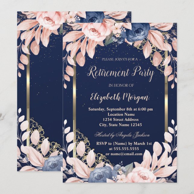 Invitation Blue Flowers Gold Frame Marine Blue Retraite (Devant / Derrière)