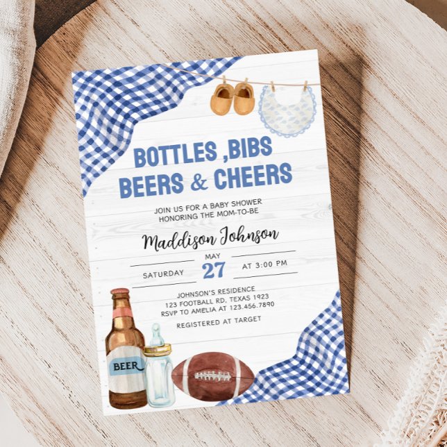 Invitation Blue Football Baby Shower (Bottles, Bibs, Beers & Cheers Baby Shower Invitation)