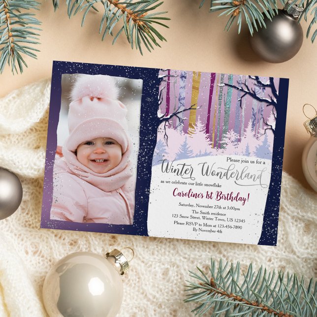 Invitation Blue Forest Winter Wonderland Girls Birthday Photo (Créateur téléchargé)