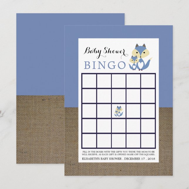 Invitation Blue Fox Burlap Baby shower Bingo (Devant / Derrière)