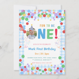 Invitation Blue Fun to Be One Photo  First Birthday