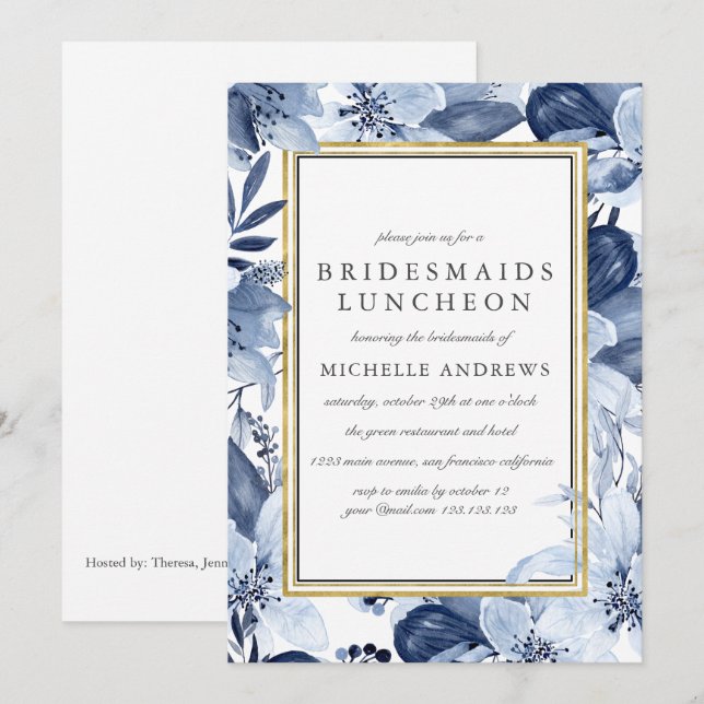 Invitation Blue Garden Chic Bridesmaitres Mariage du déjeuner (Devant / Derrière)